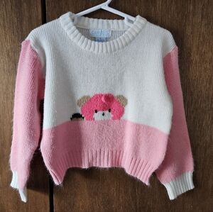 Vintage Gimbels Childrens World Pink and White Sweater with Bear Design | 3 Year